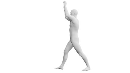 Beautiful athletic young man posing, isolated on white background. 3d illustration (rendering). Artificial intelligence, mannequin. Side viewの写真素材