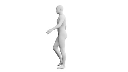 Beautiful athletic young man posing, isolated on white background. 3d illustration (rendering). Artificial intelligence, mannequin. Side viewの写真素材
