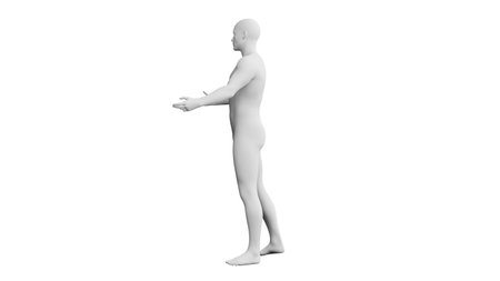 Beautiful athletic young man posing, isolated on white background. 3d illustration (rendering). Artificial intelligence, mannequin. Side viewの写真素材