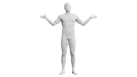Beautiful athletic young man posing, isolated on white background. 3d illustration (rendering). Artificial intelligence, mannequin. Frontal viewの写真素材