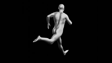 Beautiful young metallic silver man posing, isolated on black background. 3d illustration (rendering). Silver mannequin. Back viewの写真素材