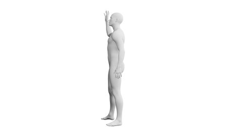 Beautiful athletic young man posing, isolated on white background. 3d illustration (rendering). Artificial intelligence, mannequin. Side viewの写真素材