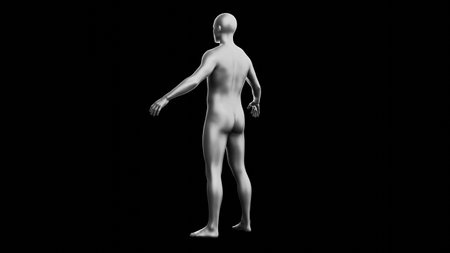 Beautiful young metallic silver man posing, isolated on black background. 3d illustration (rendering). Silver mannequin. Back viewの写真素材