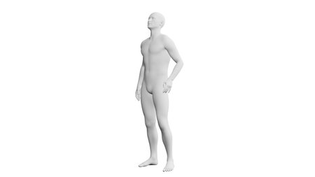 Beautiful athletic young man posing, isolated on white background. 3d illustration (rendering). Artificial intelligence, mannequin. Side viewの写真素材
