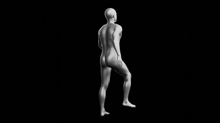 Beautiful young metallic silver man posing, isolated on black background. 3d illustration (rendering). Silver mannequin. Back viewの写真素材