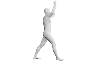 Beautiful athletic young man posing, isolated on white background. 3d illustration (rendering). Artificial intelligence, mannequin. Side viewの写真素材