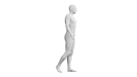 Beautiful athletic young man posing, isolated on white background. 3d illustration (rendering). Artificial intelligence, mannequin. Side viewの写真素材