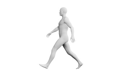 Beautiful athletic young man posing, isolated on white background. 3d illustration (rendering). Artificial intelligence, mannequin. Side viewの写真素材