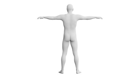Beautiful athletic young man posing, isolated on white background. 3d illustration (rendering). Artificial intelligence, mannequin. Back viewの写真素材