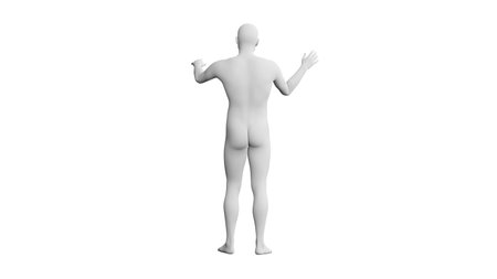 Beautiful athletic young man posing, isolated on white background. 3d illustration (rendering). Artificial intelligence, mannequin. Back viewの写真素材