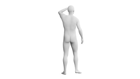 Beautiful athletic young man posing, isolated on white background. 3d illustration (rendering). Artificial intelligence, mannequin. Back viewの写真素材