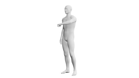 Beautiful athletic young man posing, isolated on white background. 3d illustration (rendering). Artificial intelligence, mannequin. Side viewの写真素材