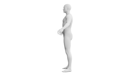 Beautiful athletic young man posing, isolated on white background. 3d illustration (rendering). Artificial intelligence, mannequin. Side viewの写真素材