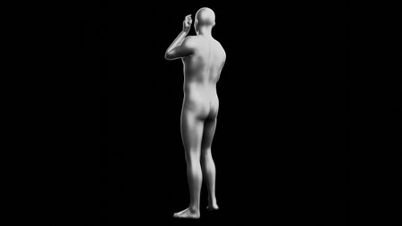 Beautiful young metallic silver man posing, isolated on black background. 3d illustration (rendering). Silver mannequin. Back viewの写真素材