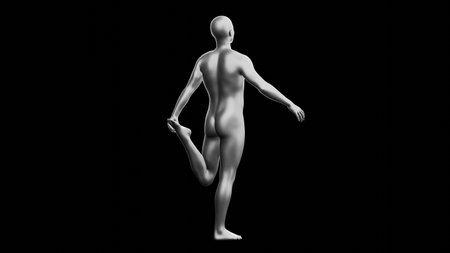 Beautiful young metallic silver man posing, isolated on black background. 3d illustration (rendering). Silver mannequin. Back viewの写真素材