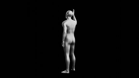 Beautiful young metallic silver man posing, isolated on black background. 3d illustration (rendering). Silver mannequin. Back viewの写真素材