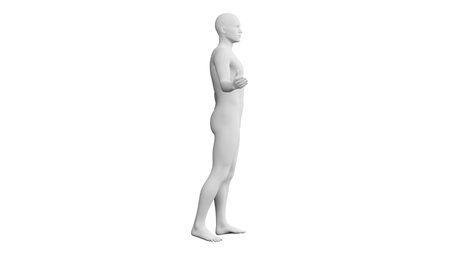 Beautiful athletic young man posing, isolated on white background. 3d illustration (rendering). Artificial intelligence, mannequin. Side viewの写真素材