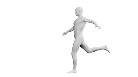 Beautiful athletic young man posing, isolated on white background. 3d illustration (rendering). Artificial intelligence, mannequin. Side viewの写真素材