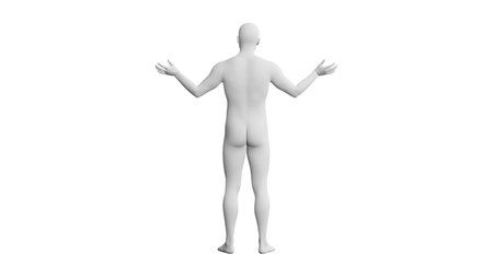 Beautiful athletic young man posing, isolated on white background. 3d illustration (rendering). Artificial intelligence, mannequin. Back viewの写真素材