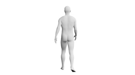 Beautiful athletic young man posing, isolated on white background. 3d illustration (rendering). Artificial intelligence, mannequin. Back viewの写真素材