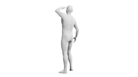 Beautiful athletic young man posing, isolated on white background. 3d illustration (rendering). Artificial intelligence, mannequin. Back viewの写真素材
