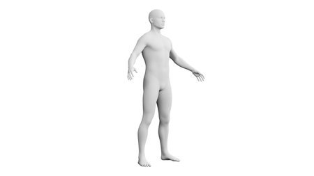 Beautiful athletic young man posing, isolated on white background. 3d illustration (rendering). Artificial intelligence, mannequin. Side viewの写真素材