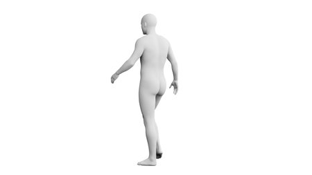 Beautiful athletic young man posing, isolated on white background. 3d illustration (rendering). Artificial intelligence, mannequin. Back viewの写真素材
