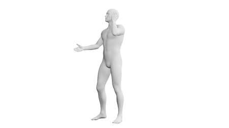 Beautiful athletic young man posing, isolated on white background. 3d illustration (rendering). Artificial intelligence, mannequin. Side viewの写真素材