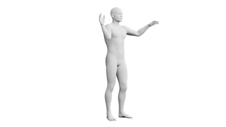 Beautiful athletic young man posing, isolated on white background. 3d illustration (rendering). Artificial intelligence, mannequin. Side viewの写真素材