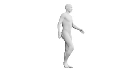 Beautiful athletic young man posing, isolated on white background. 3d illustration (rendering). Artificial intelligence, mannequin. Side viewの写真素材