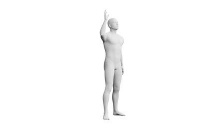 Beautiful athletic young man posing, isolated on white background. 3d illustration (rendering). Artificial intelligence, mannequin. Side viewの写真素材