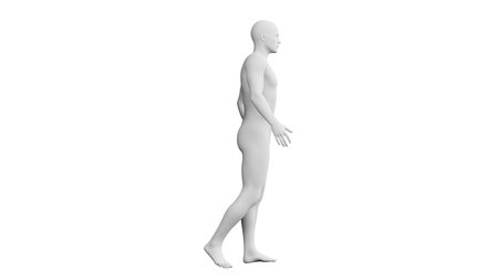 Beautiful athletic young man posing, isolated on white background. 3d illustration (rendering). Artificial intelligence, mannequin. Side viewの写真素材