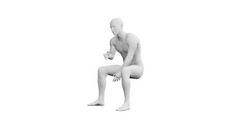 Beautiful athletic young man posing, isolated on white background. 3d illustration (rendering). Artificial intelligence, mannequin. Side viewの写真素材