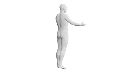 Beautiful athletic young man posing, isolated on white background. 3d illustration (rendering). Artificial intelligence, mannequin. Back viewの写真素材