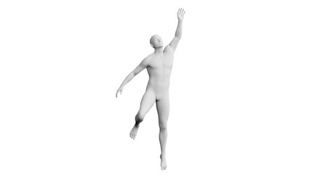 Beautiful athletic young man posing, isolated on white background. 3d illustration (rendering). Artificial intelligence, mannequin. Side viewの写真素材