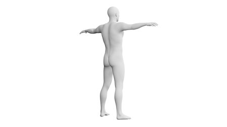 Beautiful athletic young man posing, isolated on white background. 3d illustration (rendering). Artificial intelligence, mannequin. Back viewの写真素材