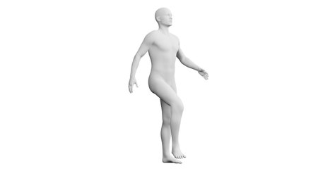 Beautiful athletic young man posing, isolated on white background. 3d illustration (rendering). Artificial intelligence, mannequin. Side viewの写真素材