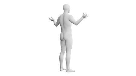 Beautiful athletic young man posing, isolated on white background. 3d illustration (rendering). Artificial intelligence, mannequin. Back viewの写真素材