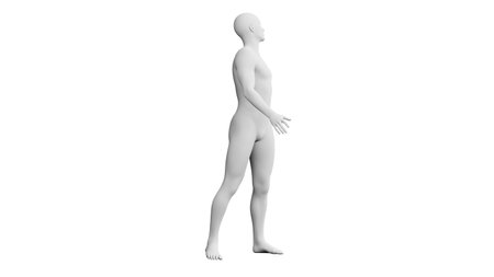Beautiful athletic young man posing, isolated on white background. 3d illustration (rendering). Artificial intelligence, mannequin. Side viewの写真素材