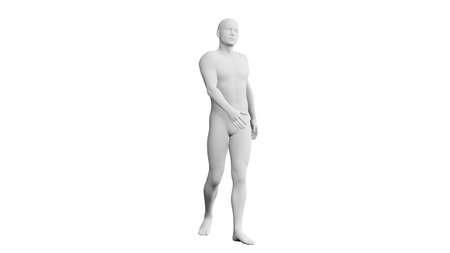 Beautiful athletic young man posing, isolated on white background. 3d illustration (rendering). Artificial intelligence, mannequin. Frontal viewの写真素材
