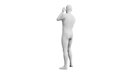 Beautiful athletic young man posing, isolated on white background. 3d illustration (rendering). Artificial intelligence, mannequin. Back viewの写真素材