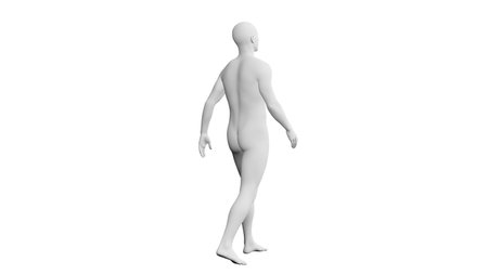 Beautiful athletic young man posing, isolated on white background. 3d illustration (rendering). Artificial intelligence, mannequin. Back viewの写真素材
