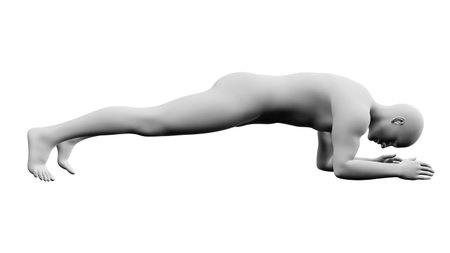 Beautiful athletic young man posing, isolated on white background. 3d illustration (rendering). Artificial intelligence, mannequin. Side viewの写真素材