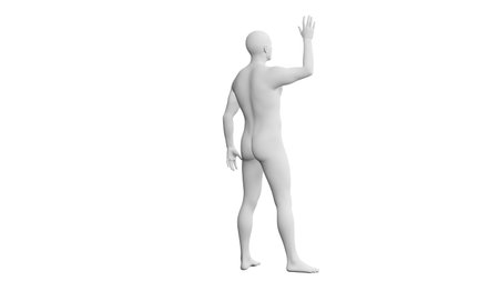 Beautiful athletic young man posing, isolated on white background. 3d illustration (rendering). Artificial intelligence, mannequin. Back viewの写真素材