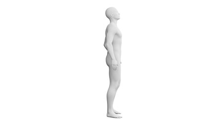 Beautiful athletic young man posing, isolated on white background. 3d illustration (rendering). Artificial intelligence, mannequin. Side viewの写真素材