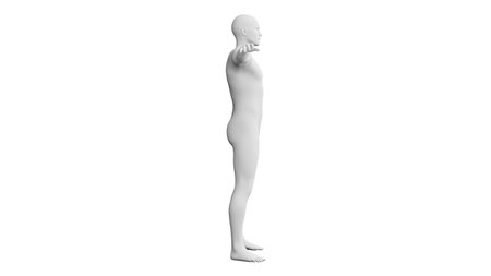 Beautiful athletic young man posing, isolated on white background. 3d illustration (rendering). Artificial intelligence, mannequin. Side viewの写真素材