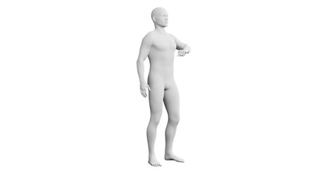 Beautiful athletic young man posing, isolated on white background. 3d illustration (rendering). Artificial intelligence, mannequin. Side viewの写真素材