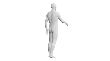 Beautiful athletic young man posing, isolated on white background. 3d illustration (rendering). Artificial intelligence, mannequin. Back viewの写真素材