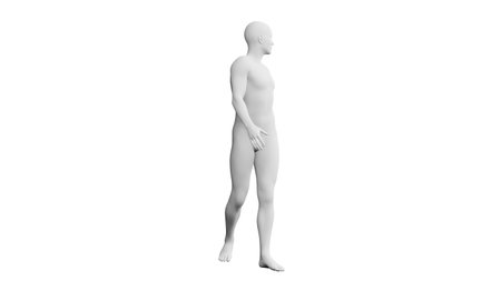 Beautiful athletic young man posing, isolated on white background. 3d illustration (rendering). Artificial intelligence, mannequin. Back viewの写真素材