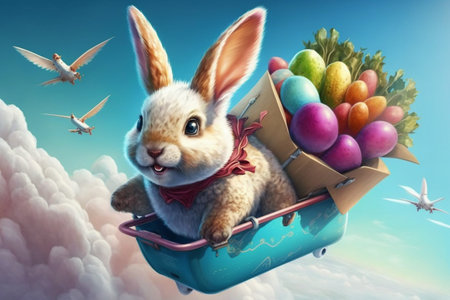 Cute Easter bunny flying with a basket full of colorful eggs - illustration - Generative AIの素材